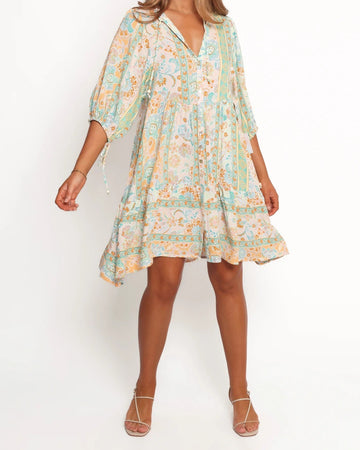Bohemian Print V-Neck Midi Dress with Puff Sleeves
