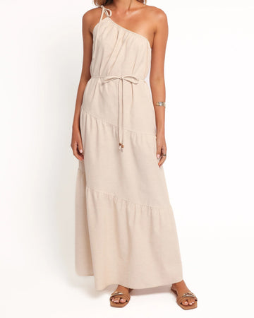 One-Shoulder Tiered Maxi Dress with Tie Waist