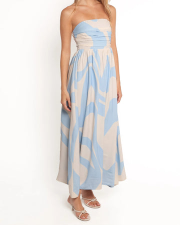 Strapless Abstract Print Maxi Dress with Smocked Side