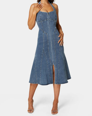 Halter Neck Denim Midi Dress with Corset Detail
