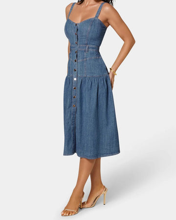 Spaghetti Strap Button-Front Denim Midi Dress