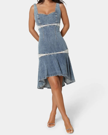 Square Neck Lace-Trimmed Denim Midi Dress