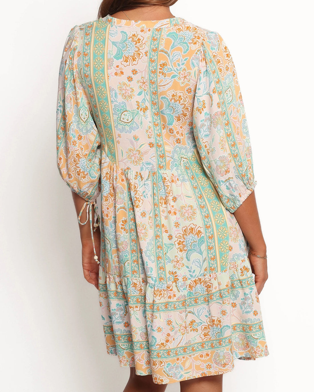 Bohemian Print V-Neck Midi Dress with Puff Sleeves