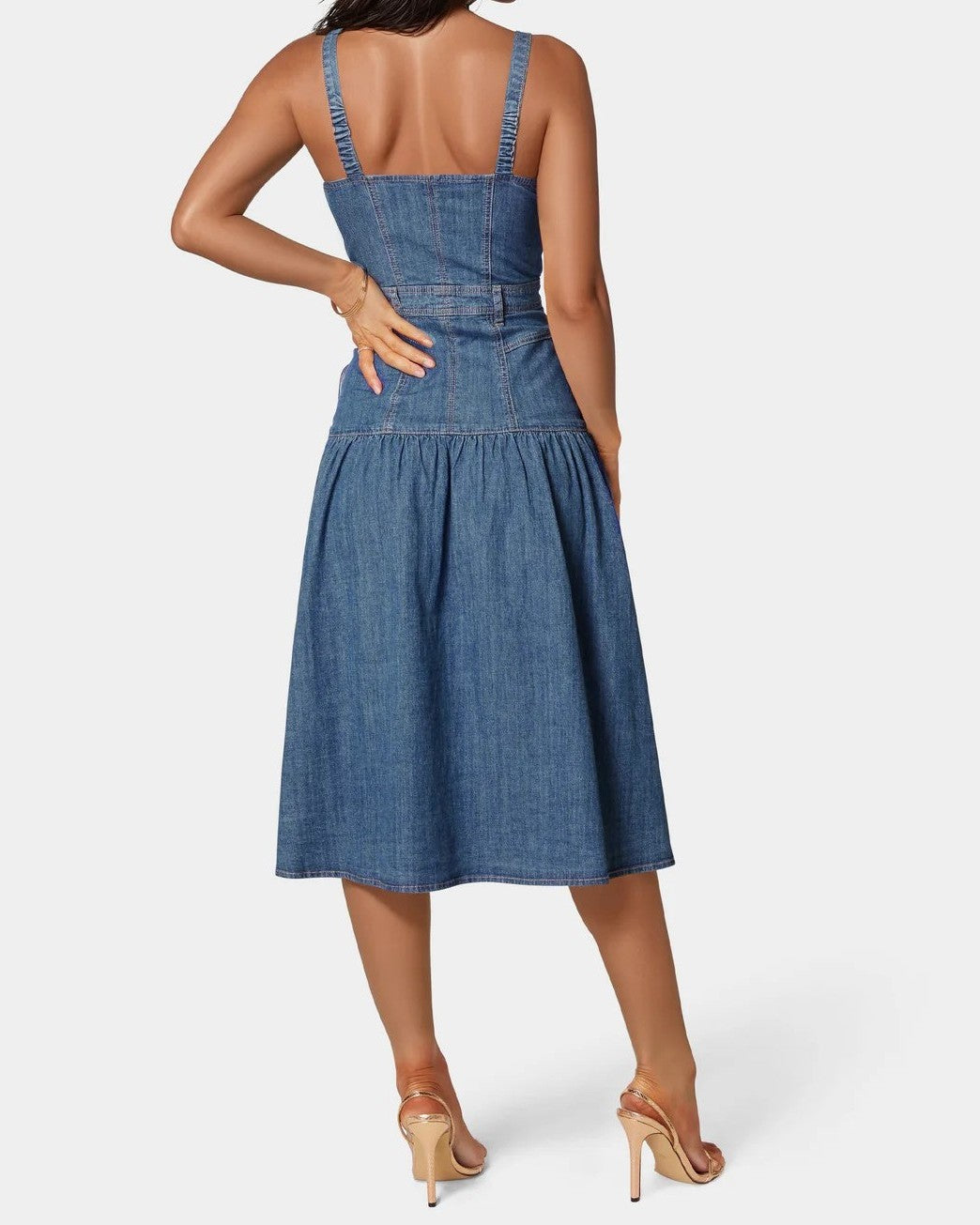 Spaghetti Strap Button-Front Denim Midi Dress