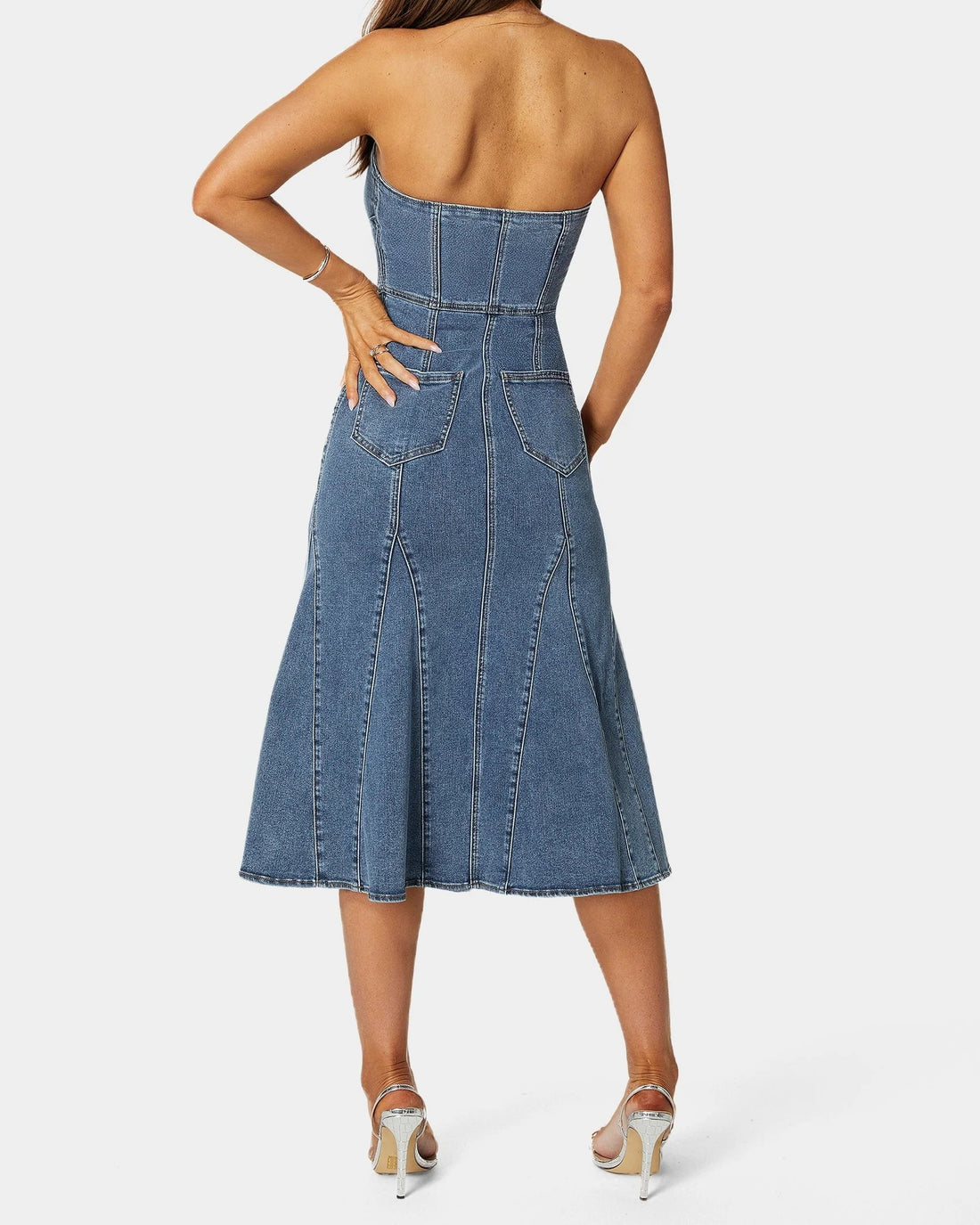 Halter Neck Denim Midi Dress with Corset Detail