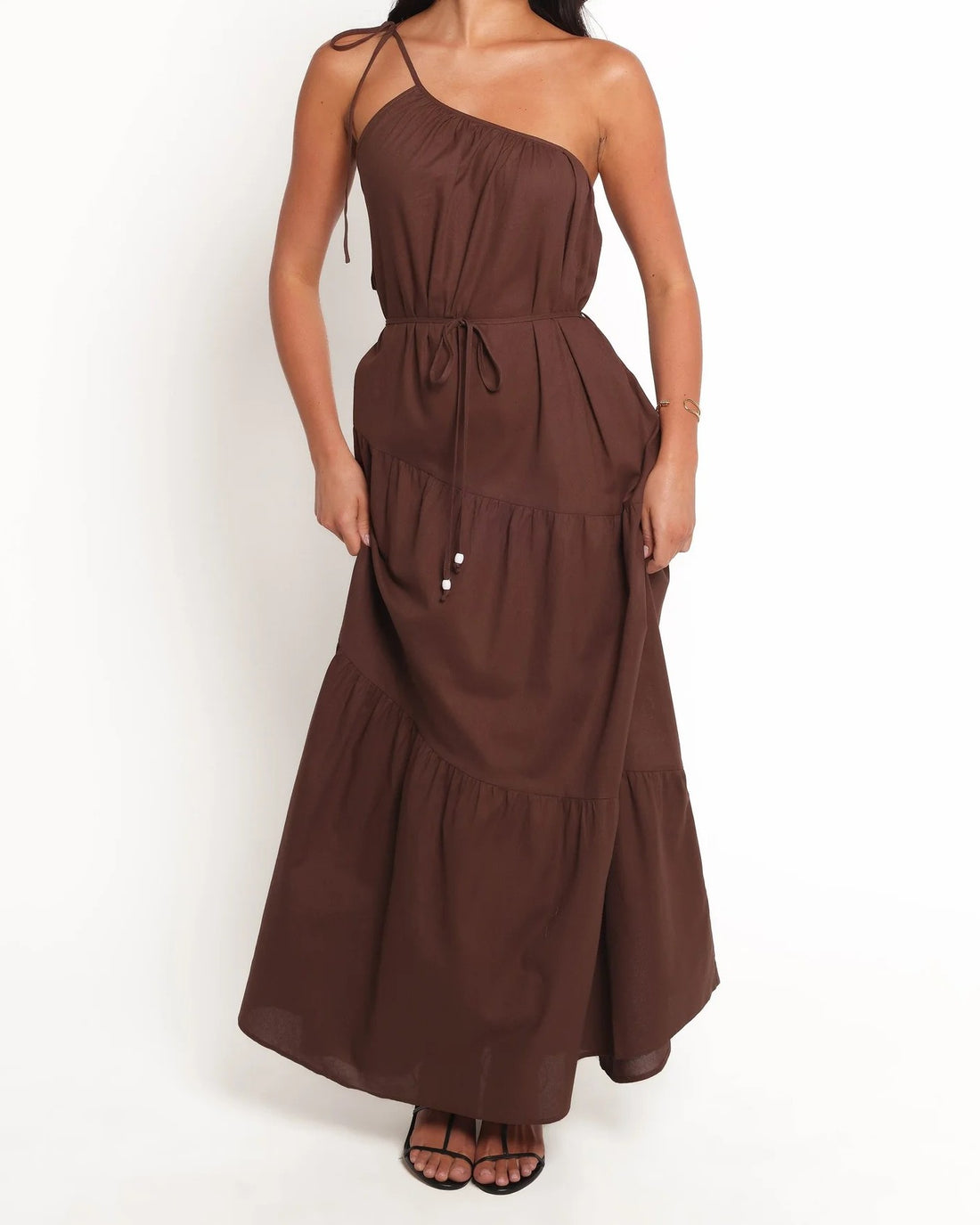 One-Shoulder Tiered Maxi Dress with Tie Waist