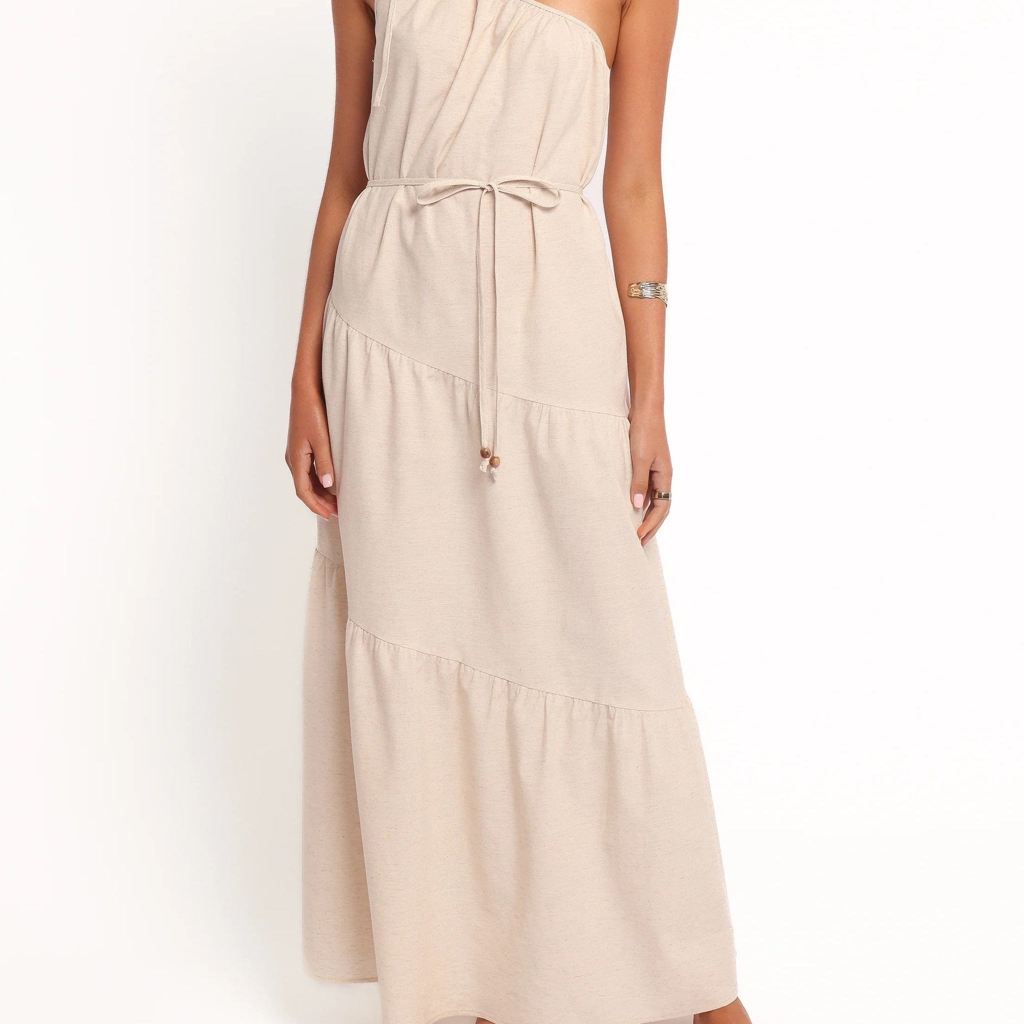 One-Shoulder Tiered Maxi Dress with Tie Waist