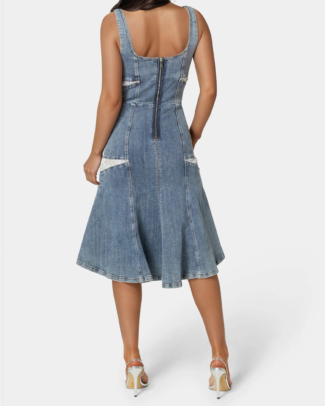 Square Neck Lace-Trimmed Denim Midi Dress