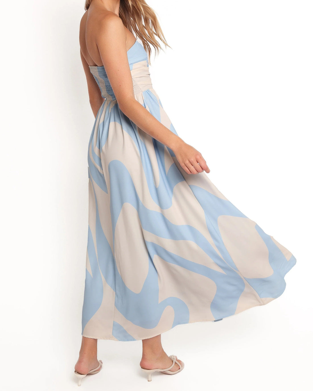 Strapless Abstract Print Maxi Dress with Smocked Side