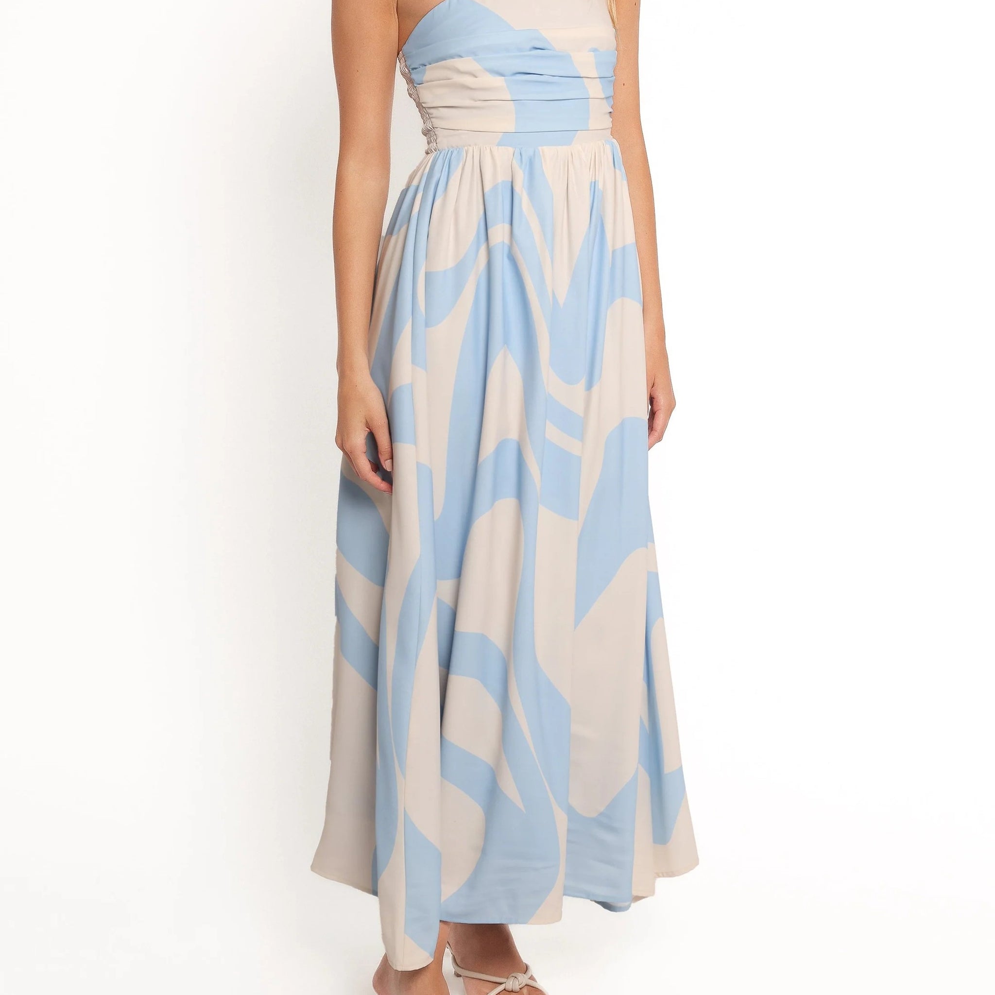 Strapless Abstract Print Maxi Dress with Smocked Side