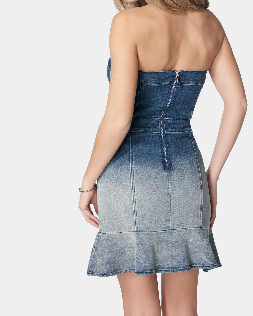 Strapless Ombre Denim Mini Dress with Ruffled Hem