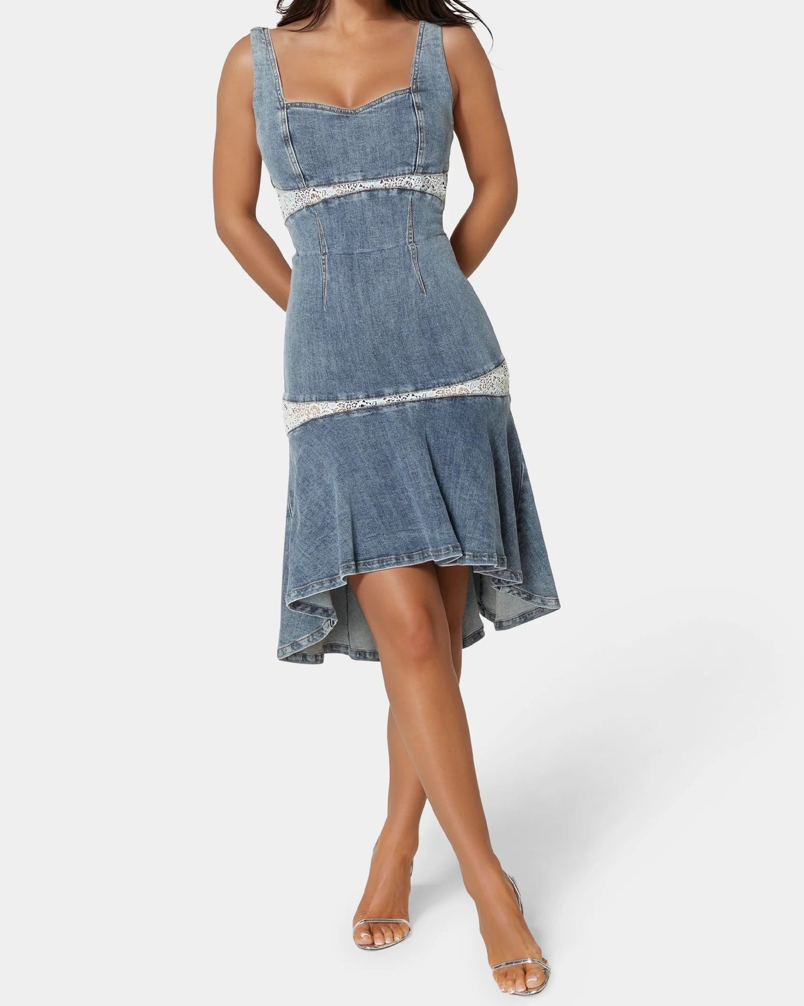 Square Neck Lace-Trimmed Denim Midi Dress