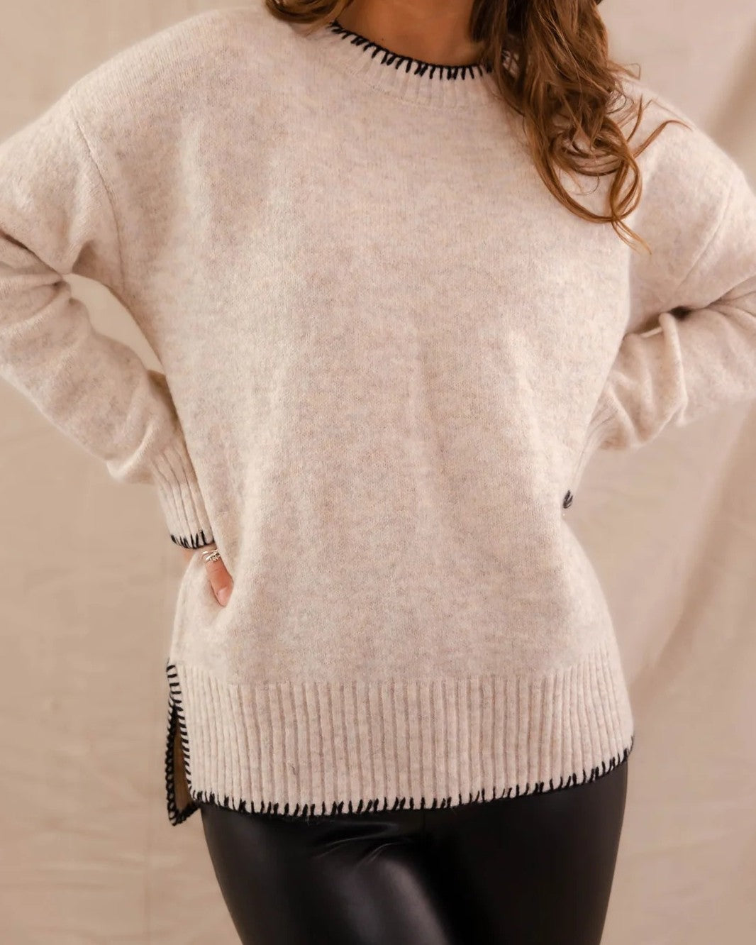 Contrast Trim Crew Neck Oversized Sweater
